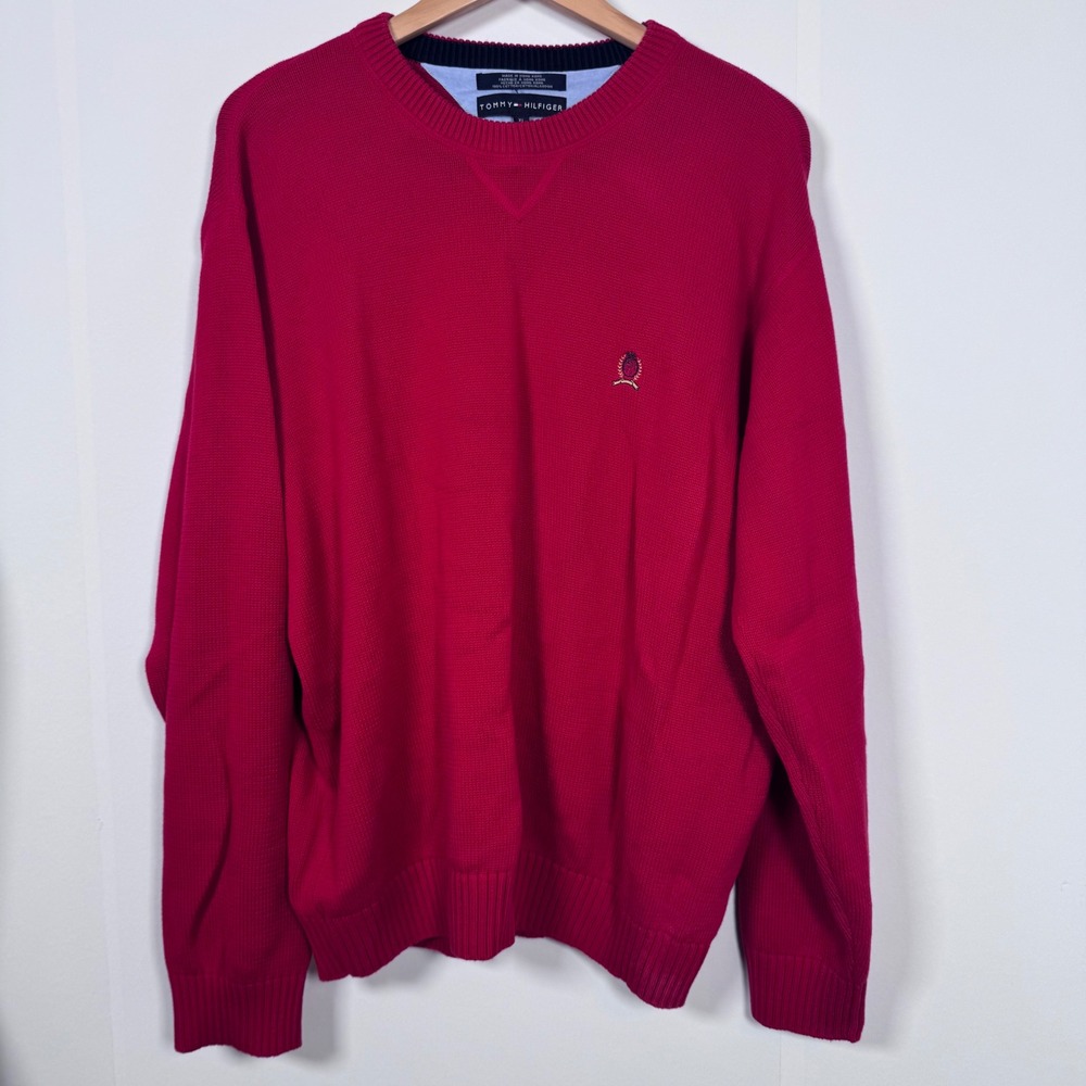 VTG Tommy Hilfiger Red Knit Sweater Men XL Crest Classic Preppy Heritage Minimal